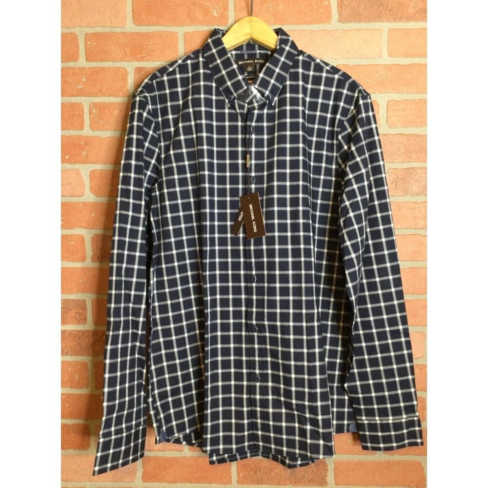Michael Kors Trim Stretch Button-Up Shirt Checked Long Sleeves Collared XL